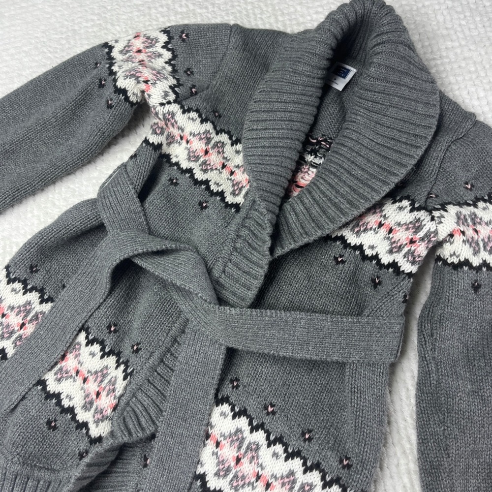 Janie and Jack Kids Gray Fair Isle Belted‎ Shawl Collar Cardigan Sweater Size 3